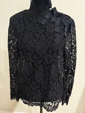 J. Crew Mock Neck Top Shirt Black Floral Lace